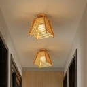 4-Side Pyramid Bamboo Strip Flushmount Asian 1 Head Wood Semi Flush Ceiling Light for Corridor