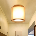 Square/Cylinder Foyer Mini Flush Light Vintage Fabric 1 Bulb Brass Ceiling Mount Lamp with 2-Shade Design