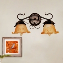 Flower Bedroom Wall Light Fixture Vintage Yellow Glass 2-Head Black Wall Lamp Sconce