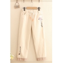Preppy Girls Drawstring Waist Japanese Letter Cat Embroidered Plaid Panel Long Straight Pants