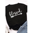 Chic Womens Rolled Short Sleeve Crew Neck Letter BLESSED Arrow Graphic Slim Fitted T Shirt