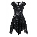 Chic Black All over Mixed Cartoon Printed Short Sleeve V-Neck Irregular Hem Mid Pleated Flared Dress for Girls