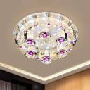 Pink LED Ceiling Lamp Simple Cut Crystal Circular Flush Light Fixture in Warm/White Light
