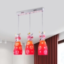 Pastoral Bottle Cluster Pendant Light 3-Light Red Glass Suspension Lamp with Flower Deco