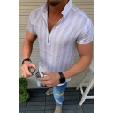 Casual Guys Short Sleeve Button-Down Collar Half Zipper Stripe Printed Regular Fit Tee Top