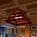 Trapezoid Cage Dining Room Pendant Chandelier Country Wood 2 Heads Brown Suspension Lamp