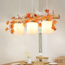 Wood 2/3 Lights Island Lamp Farmhouse Frosted Glass Cylinder Hanging Pendant with Bird and Maple Leaf/Green Plant