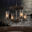 Black Cylindrical Mesh Chandelier Industrial Iron 4 Bulbs Chamber Pendant Light Kit with Gear Element