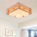 Wood Square Flush Mount Light Modern Asia 4-Light White Glass LED Flush Ceiling Lamp for Living Room