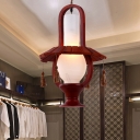Kerosene Dining Room Pendant Lamp Opal Glass 1-Light Red Brown Hanging Lighting with Wood Frame