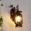 1 Head Lantern Wall Light Fixture Industrial Bronze/Copper Finish Clear Glass Wall Sconce with Metal Bamboo Backplate