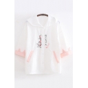 Harajuku Womens Three-Quarter Sleeve Hooded Button Down Japanese Letter Cat Embroidered Contrasted Relaxed Jacket