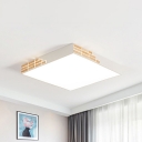 Iron Square LED Ceiling Fixture Nordic White Flush Mount Recessed Lighting with Pieced Wood Ornament, 16/19.5/23.5 Inch Wide