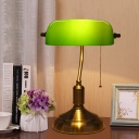 Polished Bronze Pull Chain Table Lamp Vintage Green Glass Single Living Room Night Light with Pivot Shade