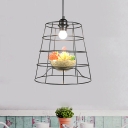 1 Bulb Barrel Cage Hanging Pendant Industrial Black Iron Ceiling Suspension Lamp with Artificial Vine/Succulent