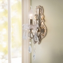 Silver Candle Sconce Light Traditional Metal 1/2-Light Living Room Wall Lamp with Crystal Drop