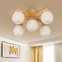 Global Semi Flush Lighting Asian White Frosted Glass 5 Bulbs Wood Ceiling Mounted Fixture for Bedroom