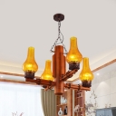 Brown Vase Chandelier Light Fixture Warehouse Yellow Rippled Glass 4 Heads Living Room Drop Pendant with Bamboo Arm