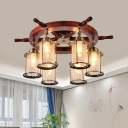 6 Lights Cylinder Semi Flush Mount Light Retro Style Gold Finish Clear Crackle Glass Ceiling Lighting with Wood Rudder Deco