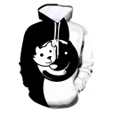 Designer Boys Long Sleeve Drawstring 3D Yin Yang Cat Paw Cartoon Print Colorblock Loose Hoodie in Black and White