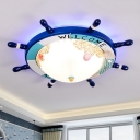 Wood Rudder Flush Mount Fixture Mediterranean LED Flush Lighting in Blue/Light Blue with Dome Frosted Glass Shade