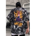 Chic Letter Hhjq Lab Cartoon Figure Car Graffiti Graphic Flap Pocket Patchwork Half Sleeves Crew Neck Dropped Shoulder Oversize T-Shirt for Boys