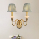 2 Heads Gooseneck Arm Wall Lamp Traditional Brass Metal Wall Mount Light with Blue Pleated Fabric Shade