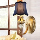 1 Head Sconce Lighting Traditional Indoor Wall Lamp Fixture with Empire Blue Fabric Shade in Brass