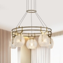 Gold 2-Tier Circle Chandelier Mid Century 5-Light Stainless Steel Pendant Lighting with Dome Lattice Glass Shade
