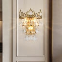 Brass Crown Wall Light Fixture Retro Metal 3 Heads Parlor Sconce Lighting with Tiered Dangling Crystal Accents