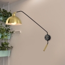 Fishing Rod Iron Wall Mount Lighting Vintage 1 Bulb Study Room Wall Light with Swivel Bowl Shade in Black/Gold