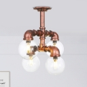 4/5/6-Light Semi Flush Mount Vintage Restaurant LED Flush Ceiling Lamp with Orb Clear Glass Shade in Copper
