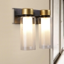 Postmodern 2-Layer Tube Wall Sconce Clear and Frosted Glass 2-Light Parlor Wall Mount Light Fixture in Brass