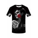 Black Creepy Cool Short Sleeve Crew Neck Cartoon Girl Rose 3D Patterned Slim Fit T-Shirt for Guys