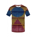 New Trendy Boys Short Sleeve Crew Neck Abstract Stripe 3D Printed Colorblocked Regular Fit T-Shirt in Blue