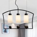 3-Light Island Pendant Rural Cylindrical Opaline Frosted Glass Hanging Lamp with Black Frame and Bird Decor