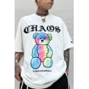 Popular Letter Chaos Colorful Bear Embroidery Half Sleeves Crew Neck Loose Tee Top for Men