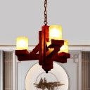 Countryside Cylinder Chandelier Lamp 3 Bulbs Yellow Dimpled Glass Pendant Light Kit with Wood Arm in Brown