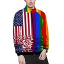 Fance Mens Long Sleeve Mock Neck Zipper Front Stripe Flag Fist Flower Heart Printed Relaxed Colorful Sweatshirt