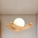 Arced Wood Pendant Lighting Modernist 1 Light Beige Ceiling Suspension Lamp with Ball Opal Glass Shade
