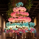 Loft Conical Cage Ceiling Chandelier 6 Bulbs Iron Flower Suspension Light in Pink and Blue with Crystal Drop