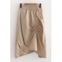 Casual Womens Khaki Elastic Waist Drawstring Asymmetric Hem Midi A-Line Skirt
