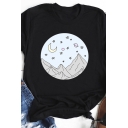 Stylish Ladies Roll Up Sleeve Crew Neck Cartoon Mountain Pattern Relaxed Fit T Shirt in Black