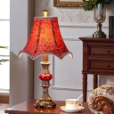 Scroll Pattern Fabric Red Table Lamp Scalloped 1 Head Countryside Nightstand Light with Baluster Base