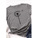 Leisure Basic Rolled Short Sleeve Crew Neck Dandelion Patterned Fitted T Shirt for Women