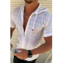 Fashionable Mens Short Sleeve Hooded Zip Up Drawstring Polka Dot Plaid Print Slim Fitted T-Shirt