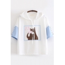 Popular Womens Short Sleeve Hooded Drawstring Japanese Letter Bear Graphic Straps Colorblock Relaxed T-Shirt
