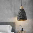 Conical Restaurant Ceiling Light Vintage Cement 1 Light Black and Wood Hanging Lamp with Rose Pattern