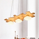 Jigsaw Puzzle Wood Multi Ceiling Light Modernist 3 Heads Beige Hanging Lamp Kit with Jellyfish Cream Glass Shade