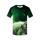 Cool Fashion Boys Green Short Sleeve Crew Neck Animal Galaxy 3D Printed Regular Fitted T-Shirt